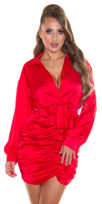 satijn look ruffled jurk met riem rood